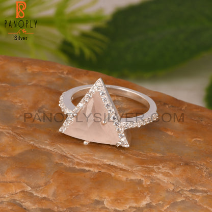 Rose Quartz & Cubic Zirconia Triangle Shape 925 Silver Ring