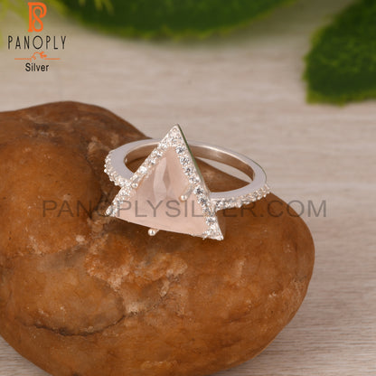 Rose Quartz & Cubic Zirconia Triangle Shape 925 Silver Ring