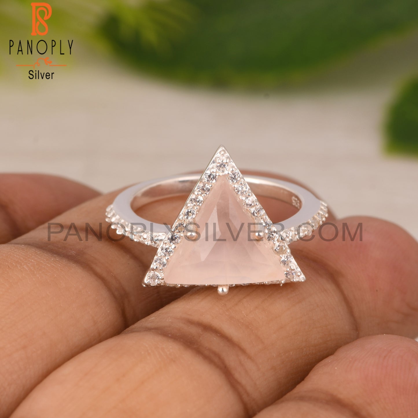 Rose Quartz & Cubic Zirconia Triangle Shape 925 Silver Ring