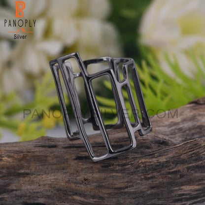 Handmade Black Oxidized 925 Silver Art Deco Cocktail Ring
