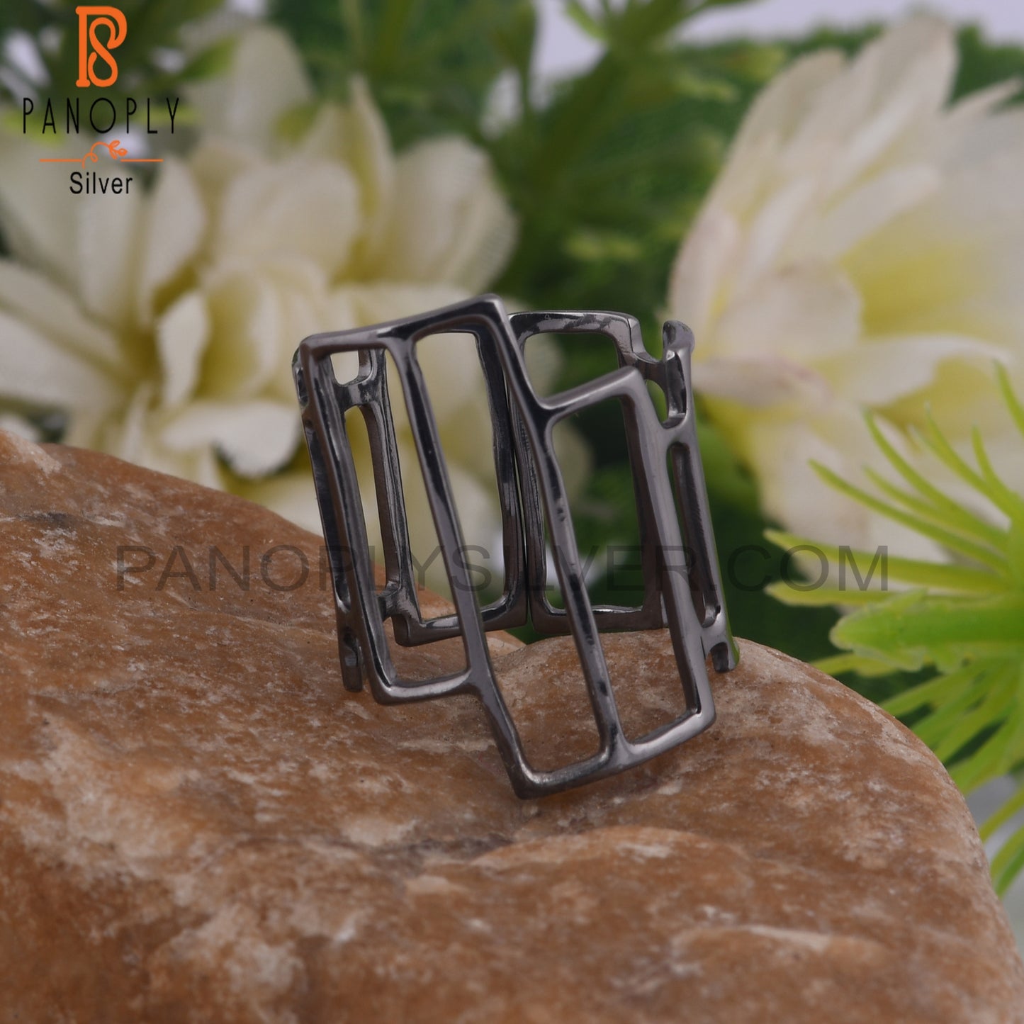 Handmade Black Oxidized 925 Silver Art Deco Cocktail Ring