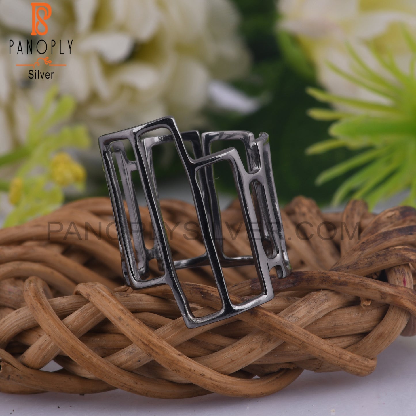 Handmade Black Oxidized 925 Silver Art Deco Cocktail Ring