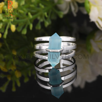 Aqua Chalcedony Pencil Shape 925 Sterling Silver Ring