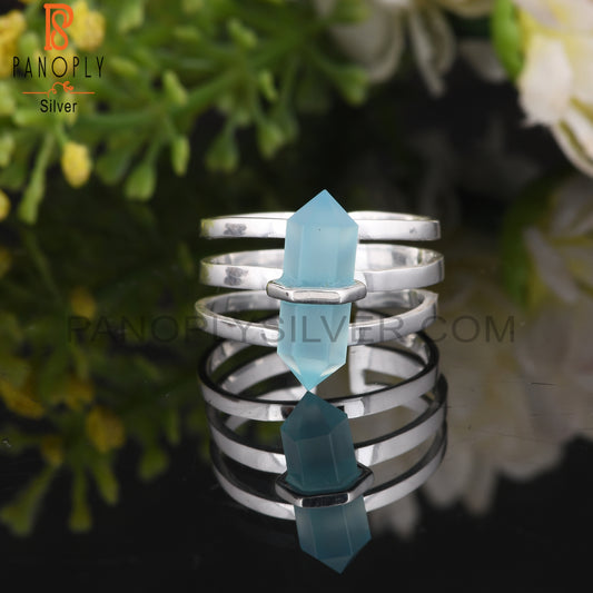 Aqua Chalcedony Pencil Shape 925 Sterling Silver Ring