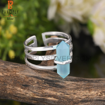 Aqua Chalcedony Pencil Shape 925 Sterling Silver Ring