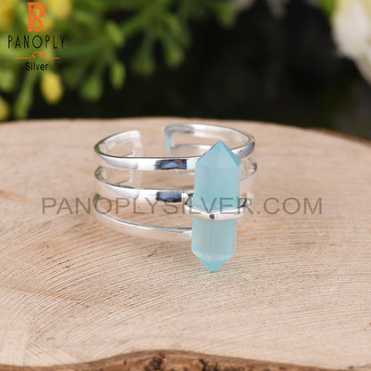 Aqua Chalcedony Pencil Shape 925 Sterling Silver Ring