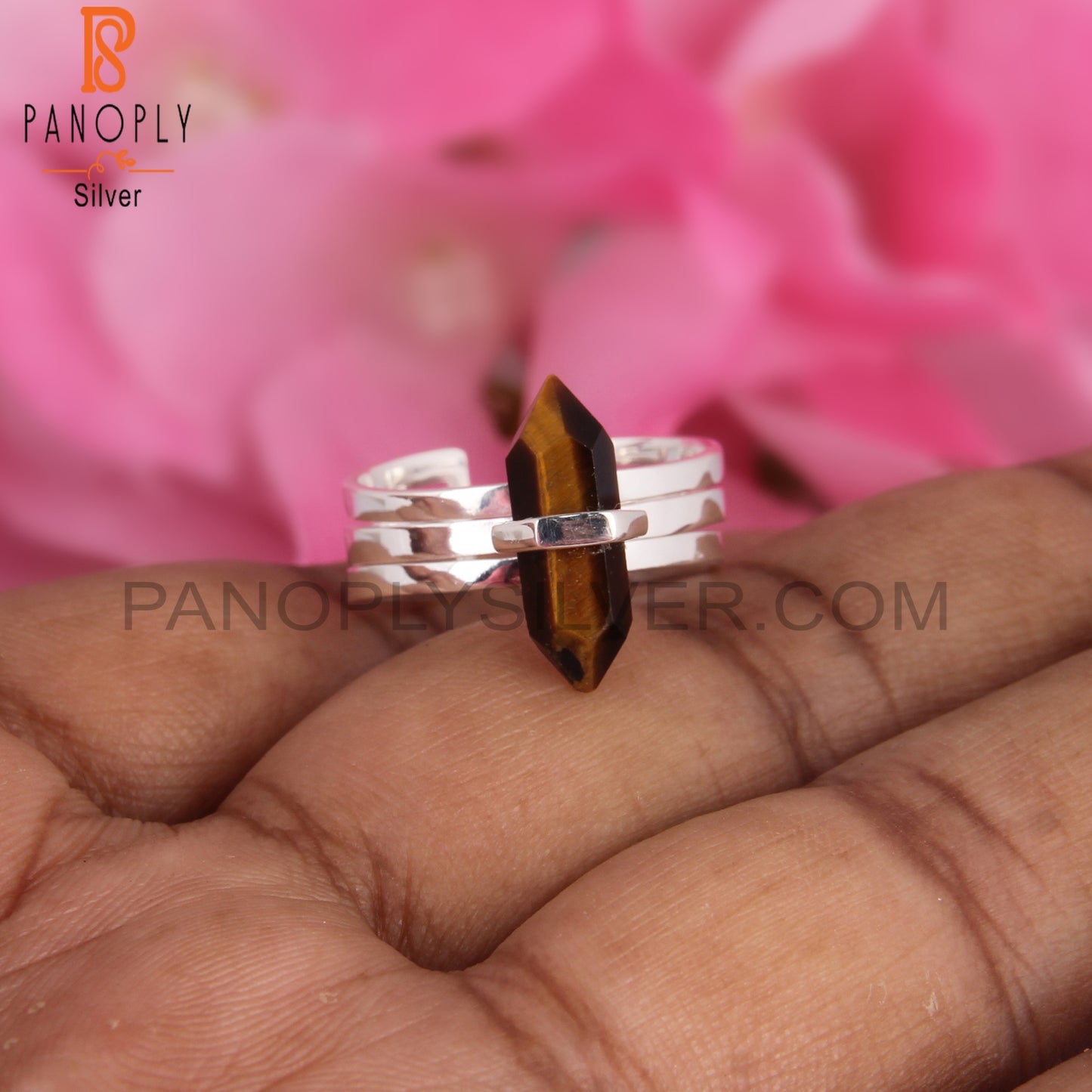Tiger Eye Pencil Shape 925 Sterling Silver Adjustable Ring