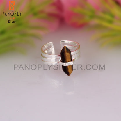 Tiger Eye Pencil Shape 925 Sterling Silver Adjustable Ring