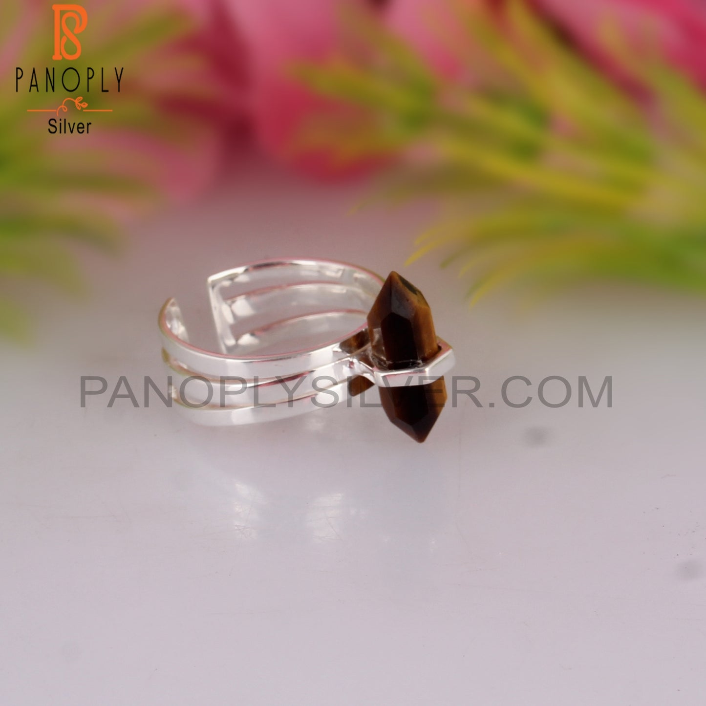 Tiger Eye Pencil Shape 925 Sterling Silver Adjustable Ring