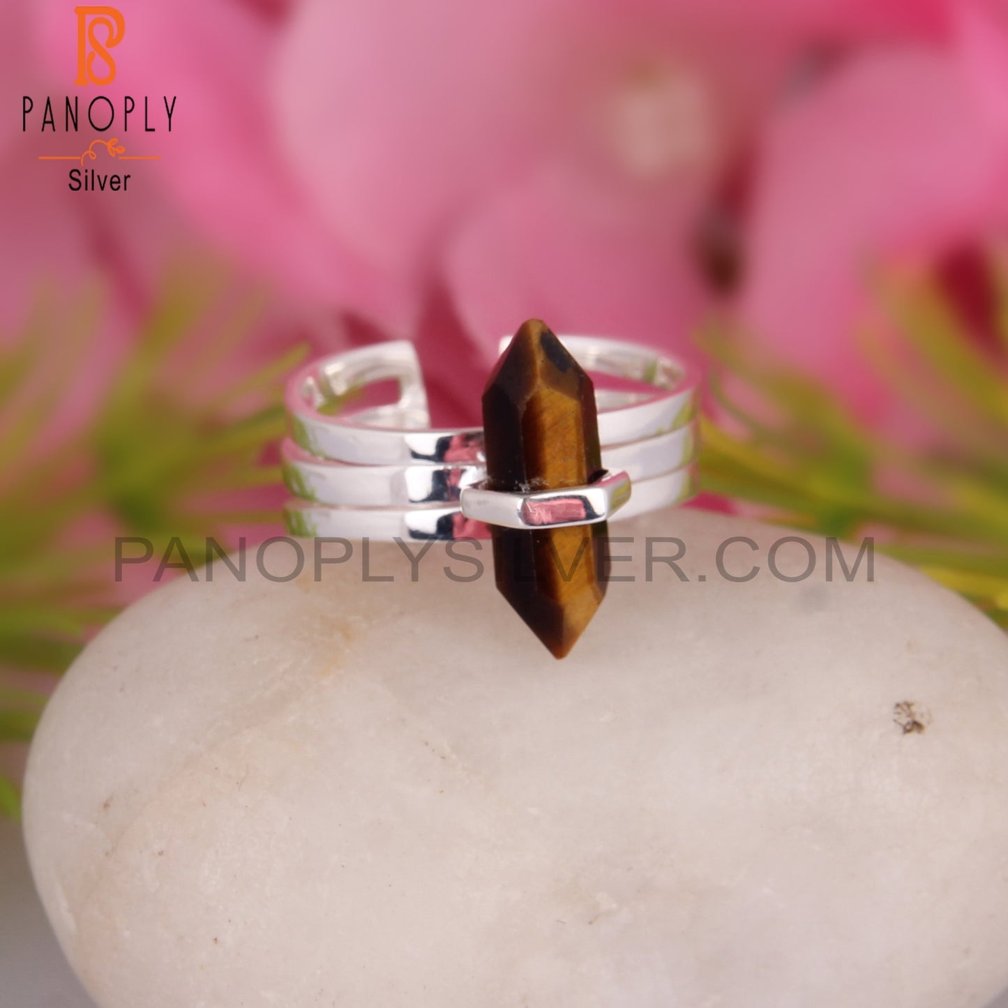 Tiger Eye Pencil Shape 925 Sterling Silver Adjustable Ring