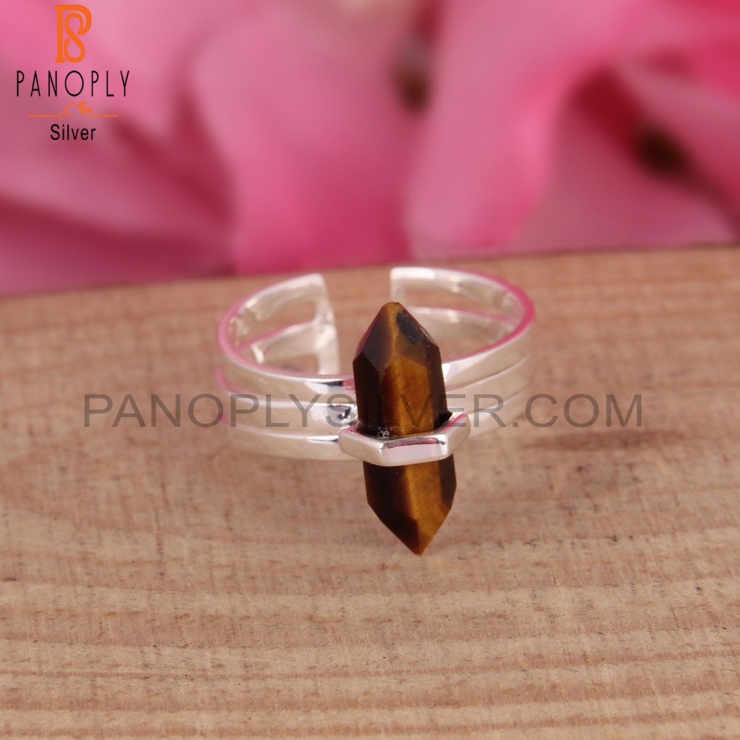 Tiger Eye Pencil Shape 925 Sterling Silver Adjustable Ring
