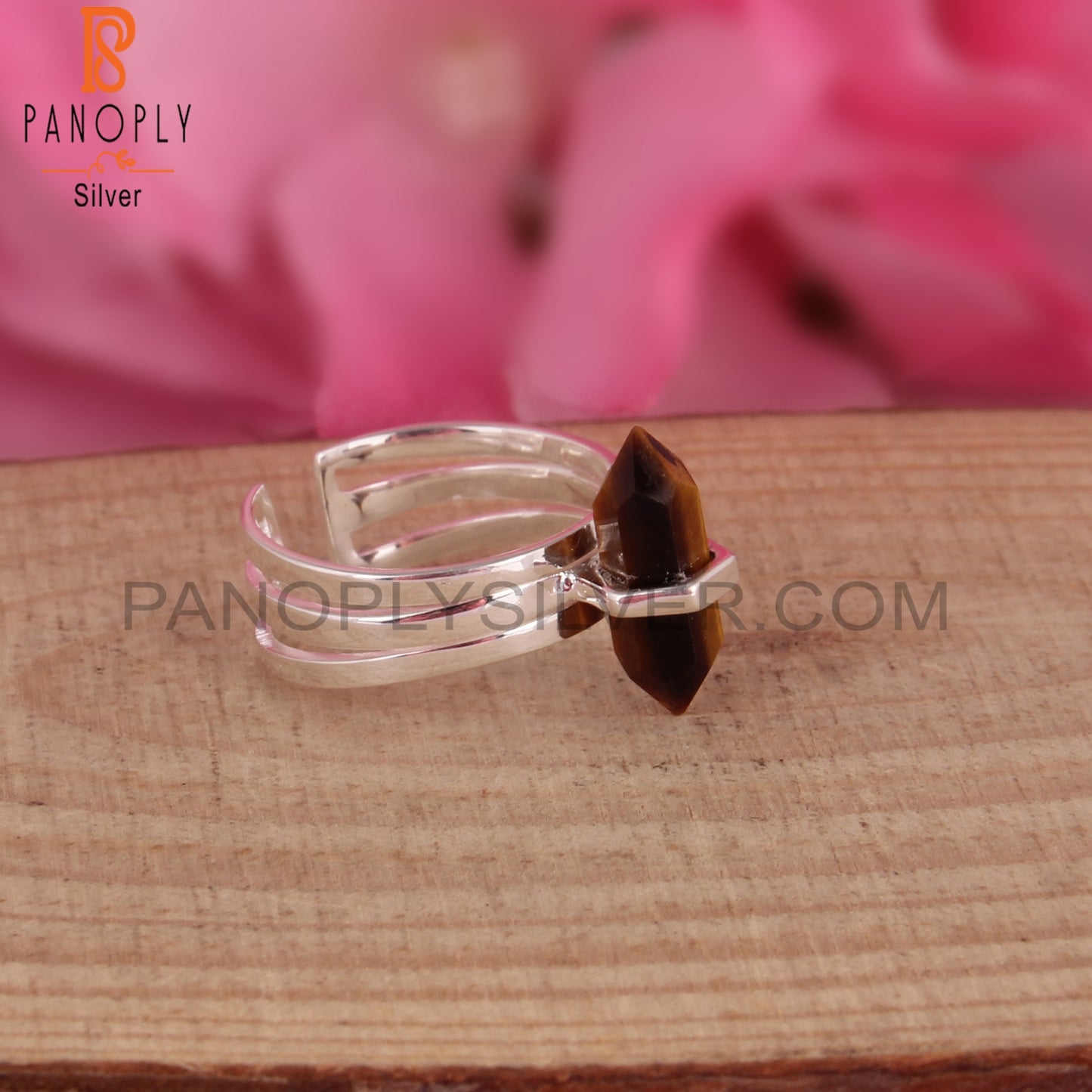 Tiger Eye Pencil Shape 925 Sterling Silver Adjustable Ring
