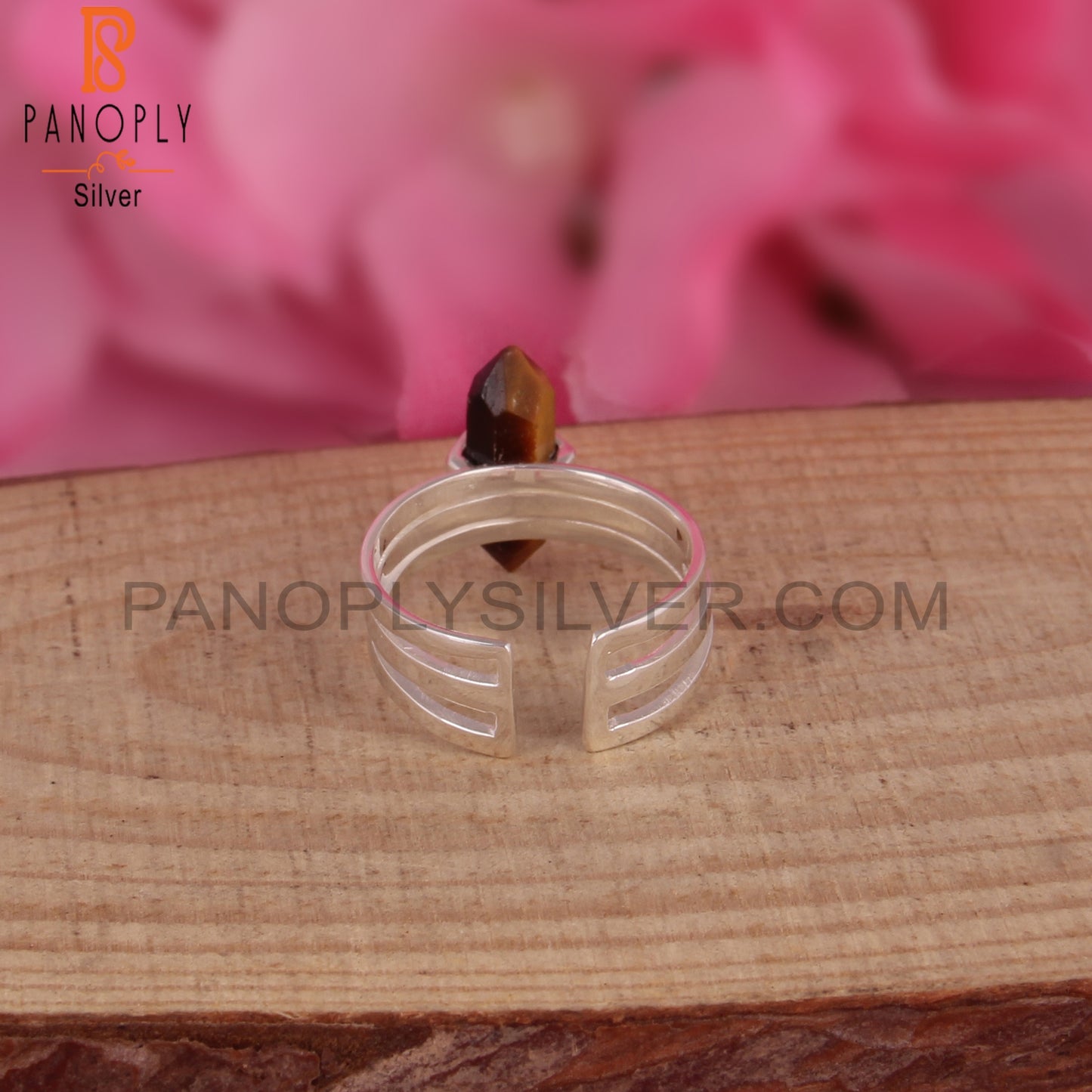 Tiger Eye Pencil Shape 925 Sterling Silver Adjustable Ring