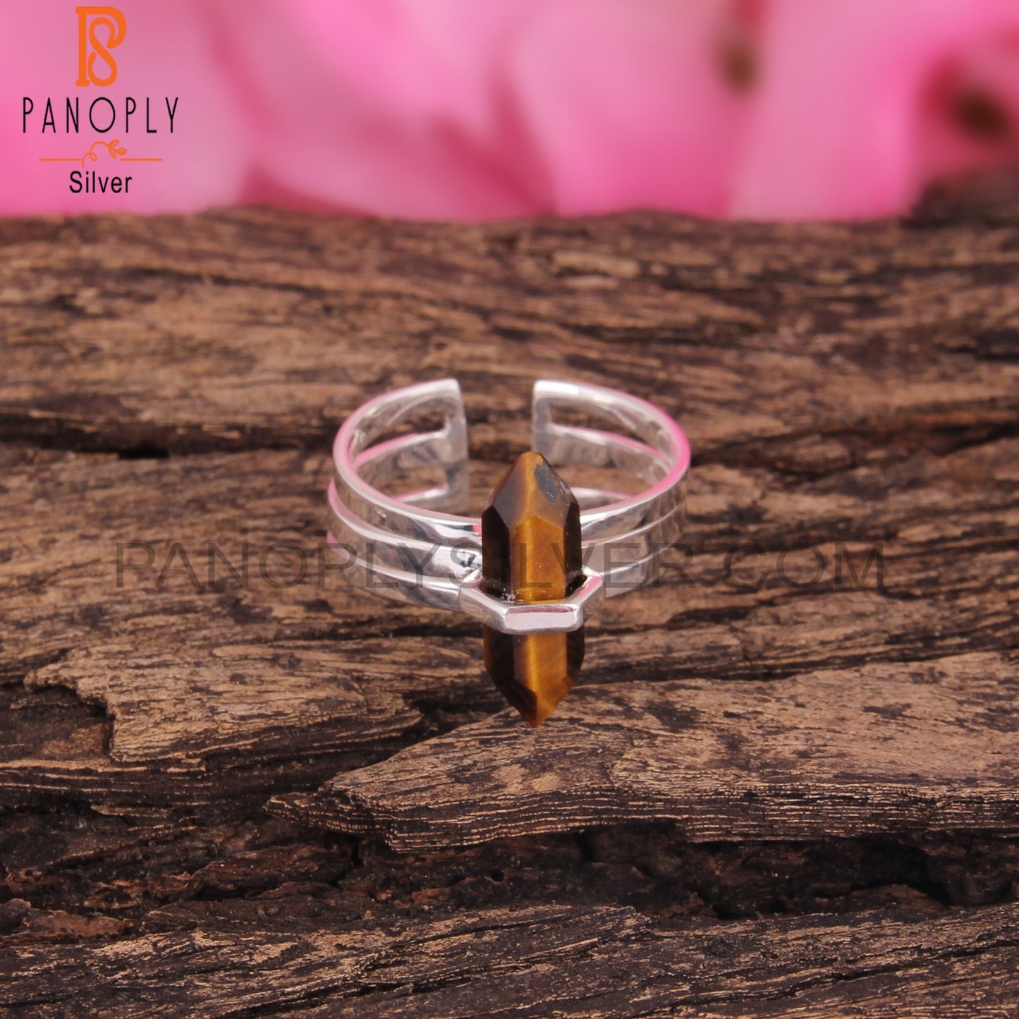 Tiger Eye Pencil Shape 925 Sterling Silver Adjustable Ring