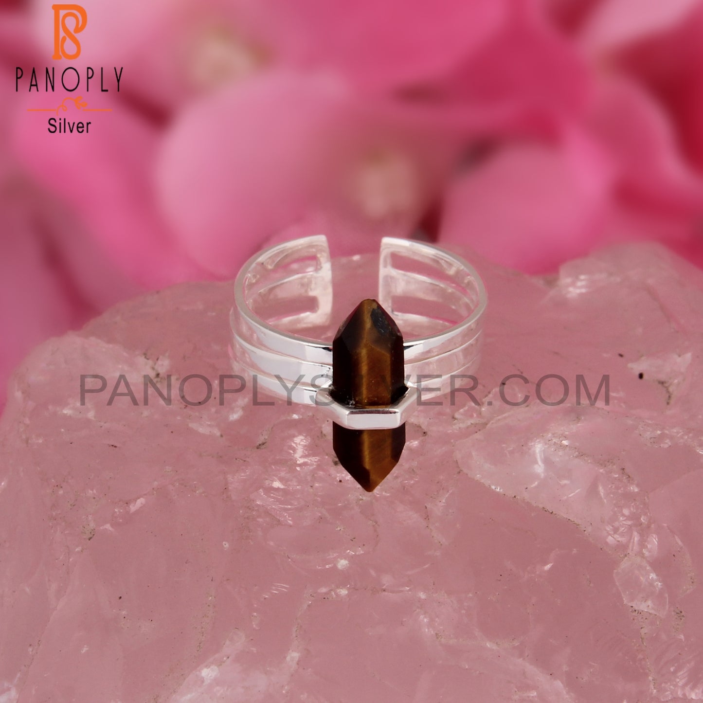 Tiger Eye Pencil Shape 925 Sterling Silver Adjustable Ring