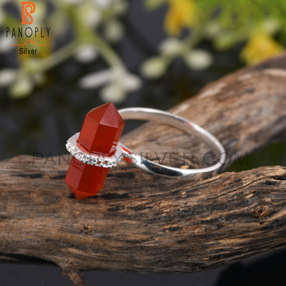 Red Onyx & Cubic Zirconia 925 Sterling Silver Pencil Ring