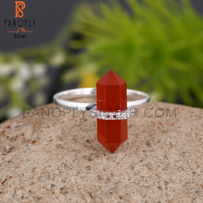 Red Onyx & Cubic Zirconia 925 Sterling Silver Pencil Ring