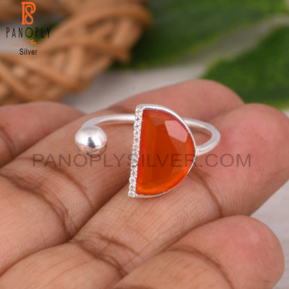 Cubic Zirconia & Red Onyx D Shape 925 Sterling Silver Ring
