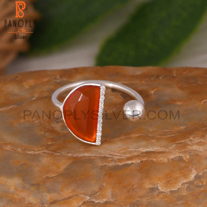 Cubic Zirconia & Red Onyx D Shape 925 Sterling Silver Ring
