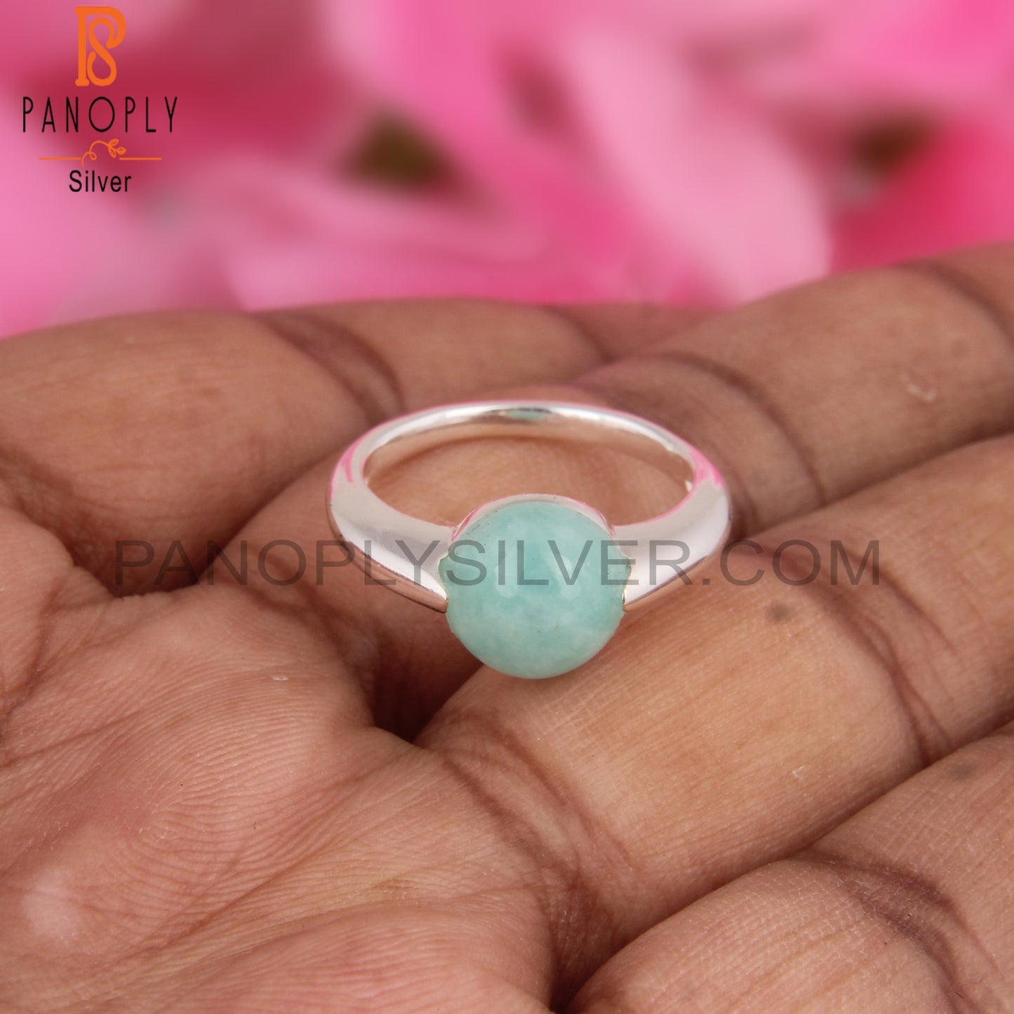 Amazonite Round Shape 925 Sterling Silver Ring