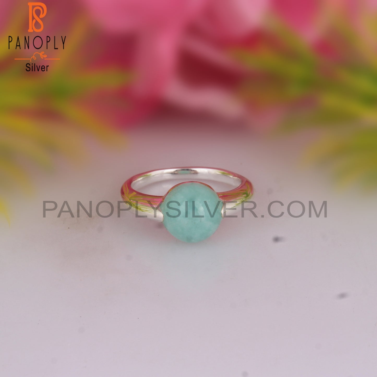 Amazonite Round Shape 925 Sterling Silver Ring
