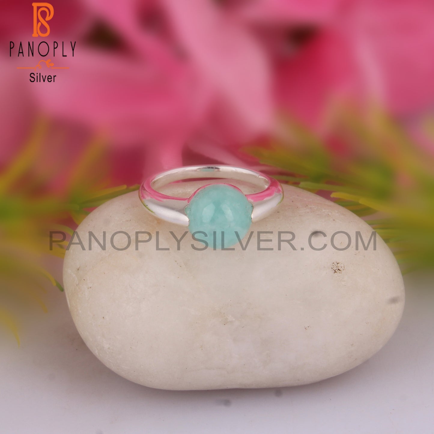 Amazonite Round Shape 925 Sterling Silver Ring