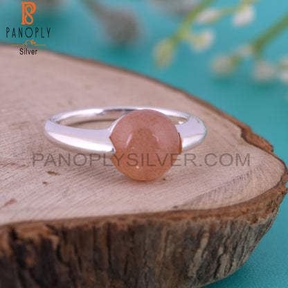 Peach Moonstone Round Shape 925 Sterling Silver Ring