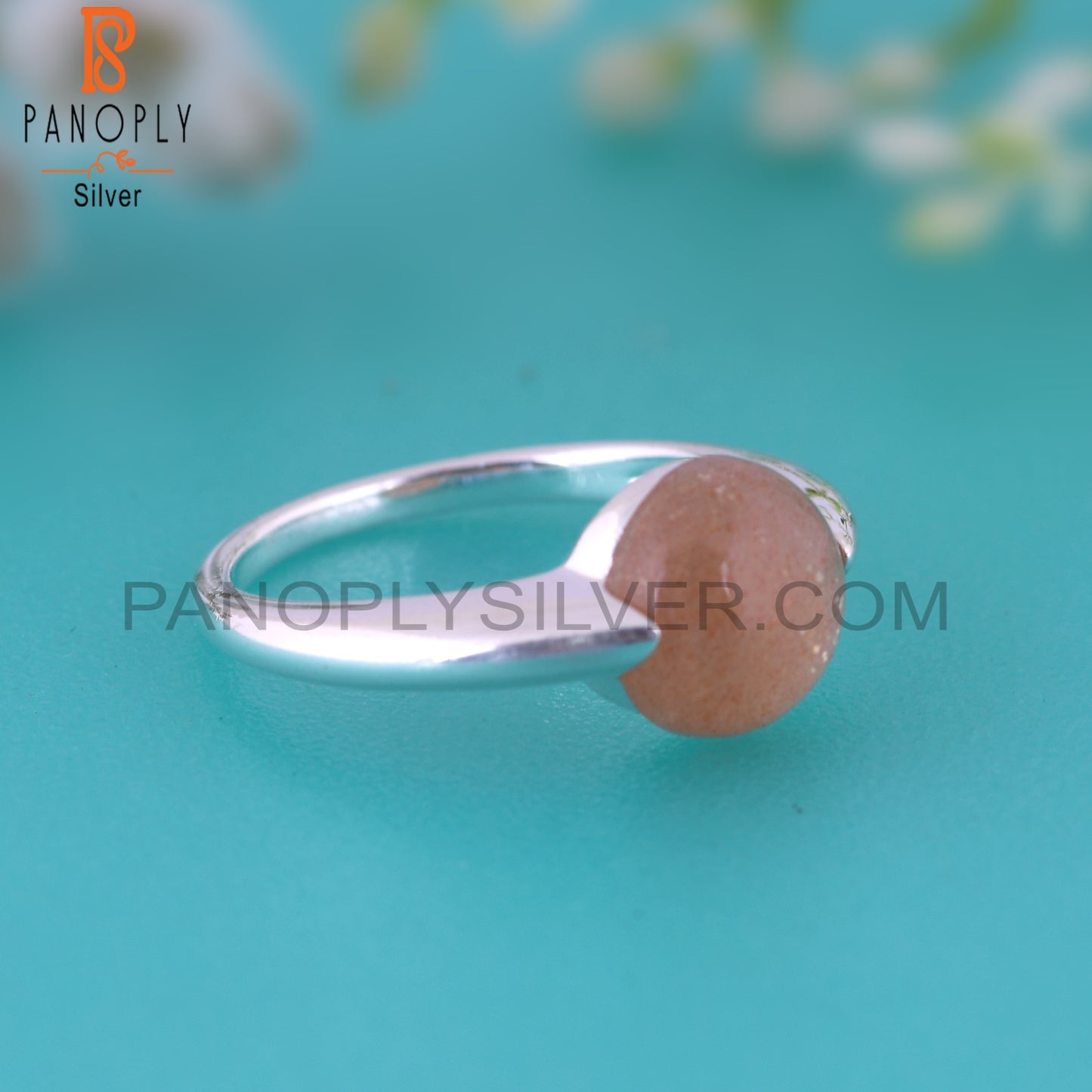 Peach Moonstone Round Shape 925 Sterling Silver Ring