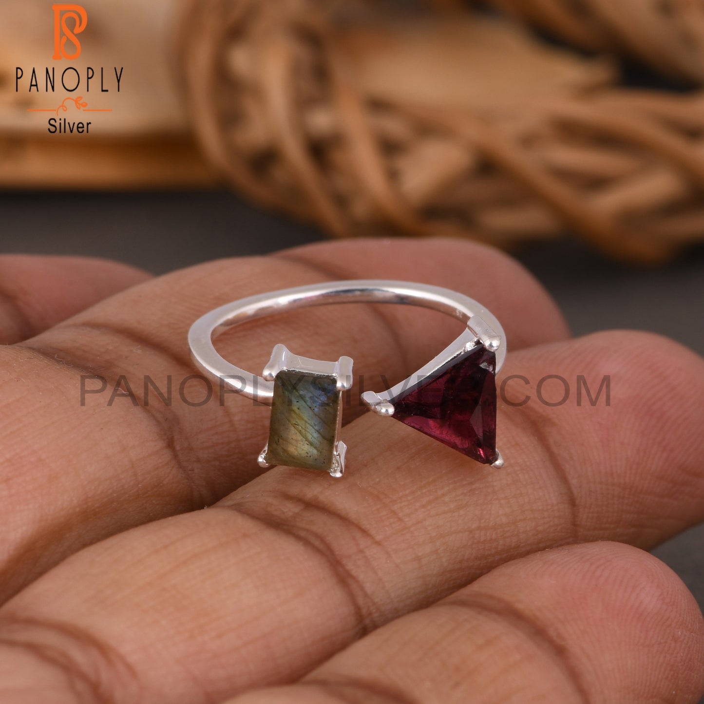 Garnet & Labradorite 925 Sterling Silver Ring