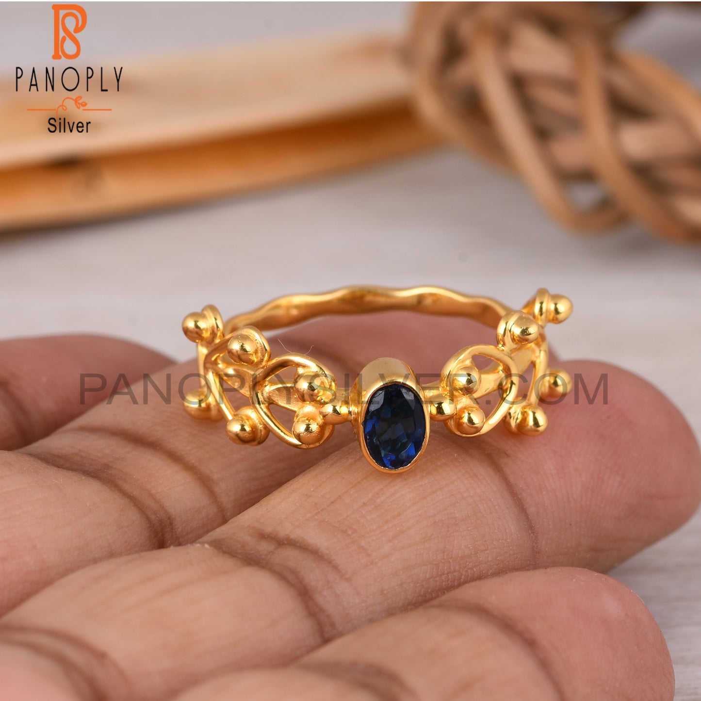 Corundum Blue Cultured 925 Sterling Silver Gold Ring