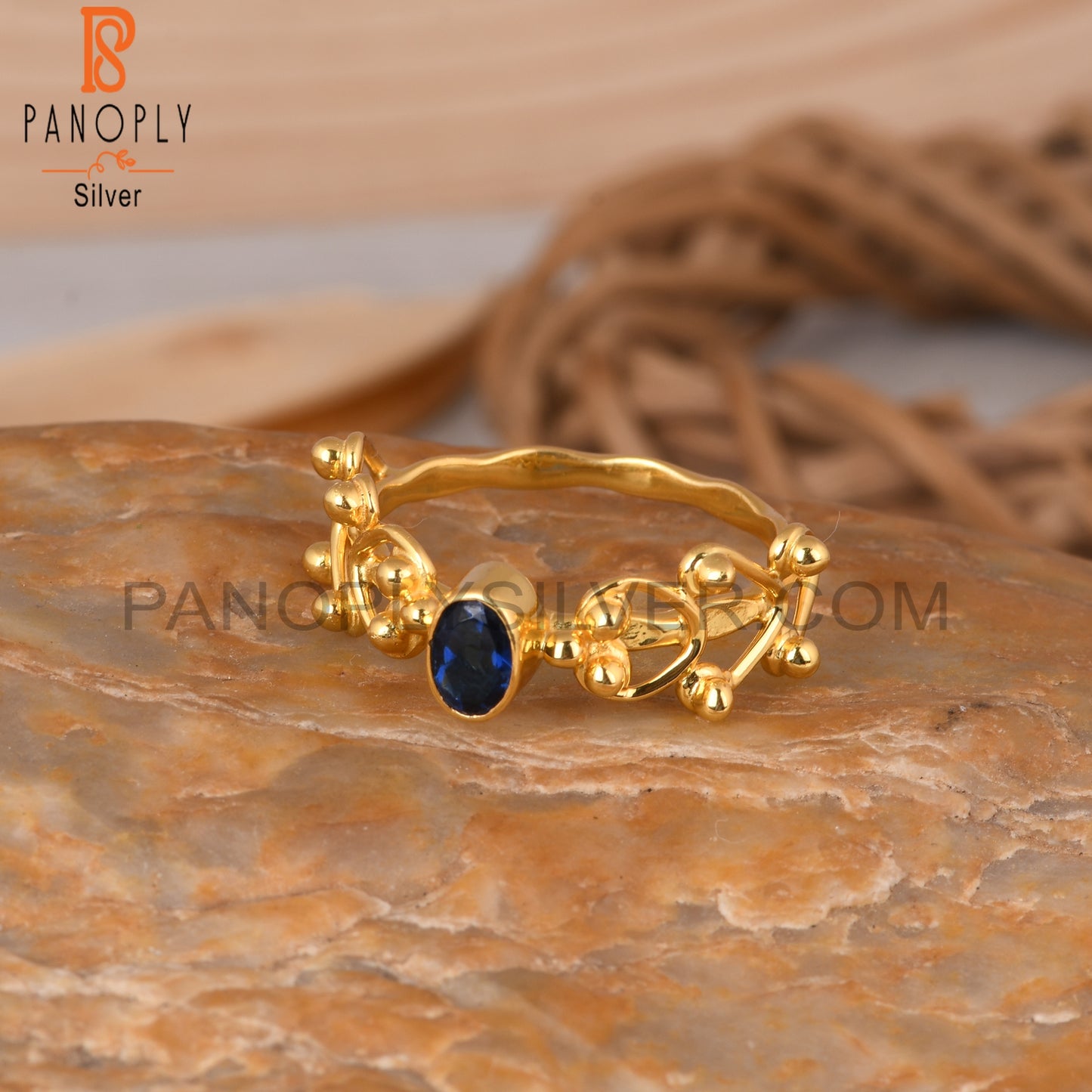 Corundum Blue Cultured 925 Sterling Silver Gold Ring