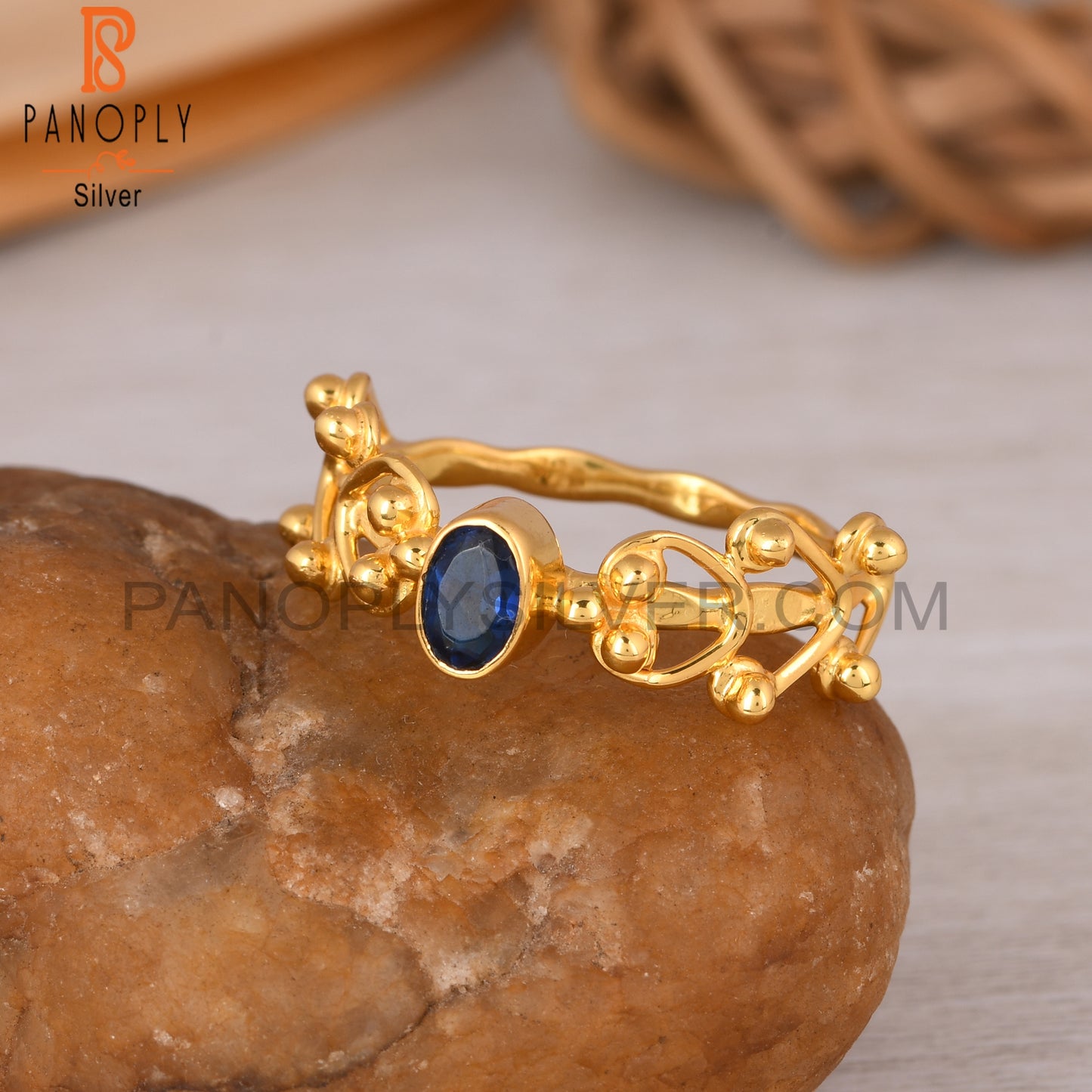 Corundum Blue Cultured 925 Sterling Silver Gold Ring