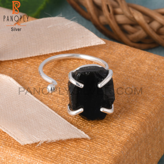Black Obsidian Rough 925 Silver Prong Set Adjustable Ring