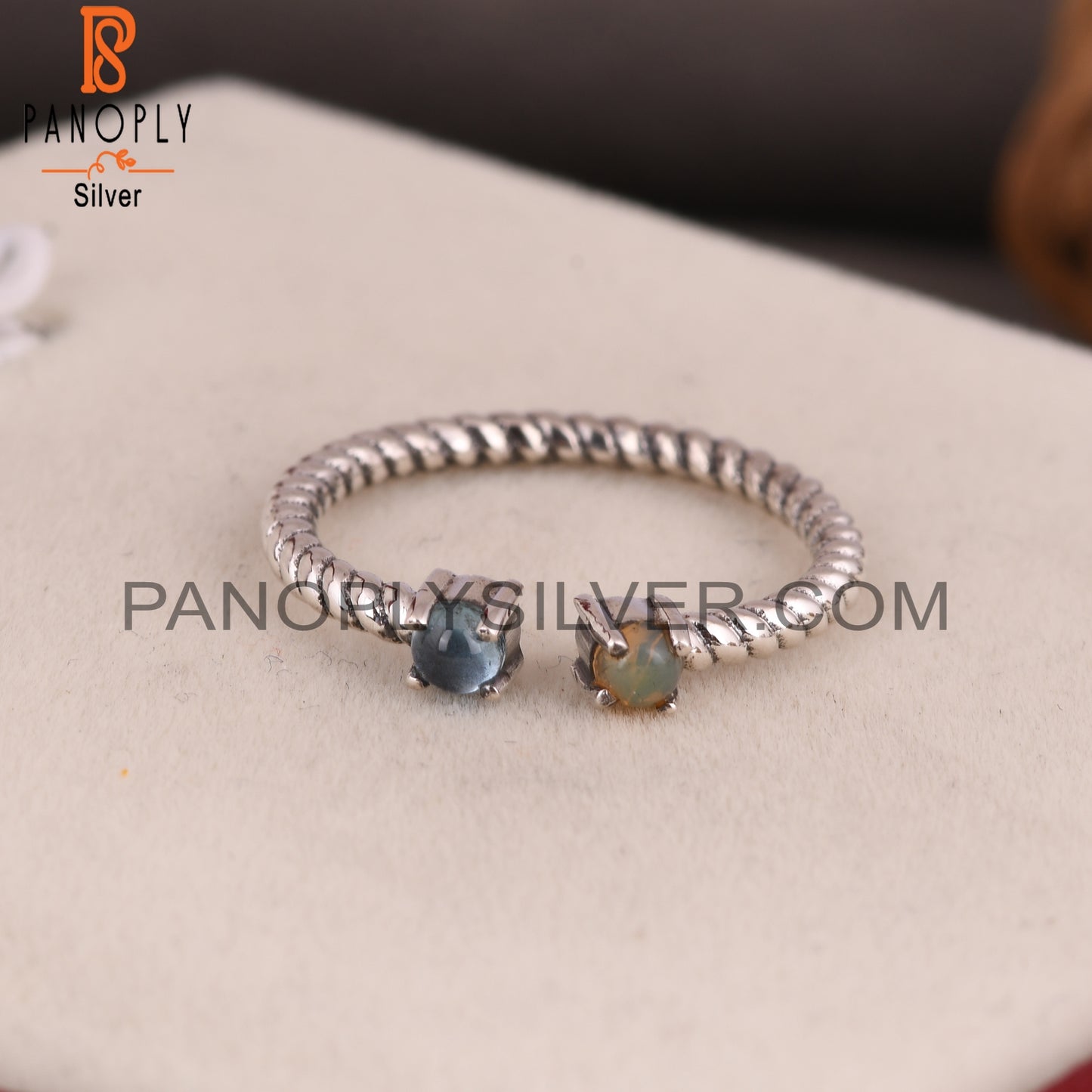 Blue Topaz & Ethiopian Opal Twisted Band 925 Silver Ring