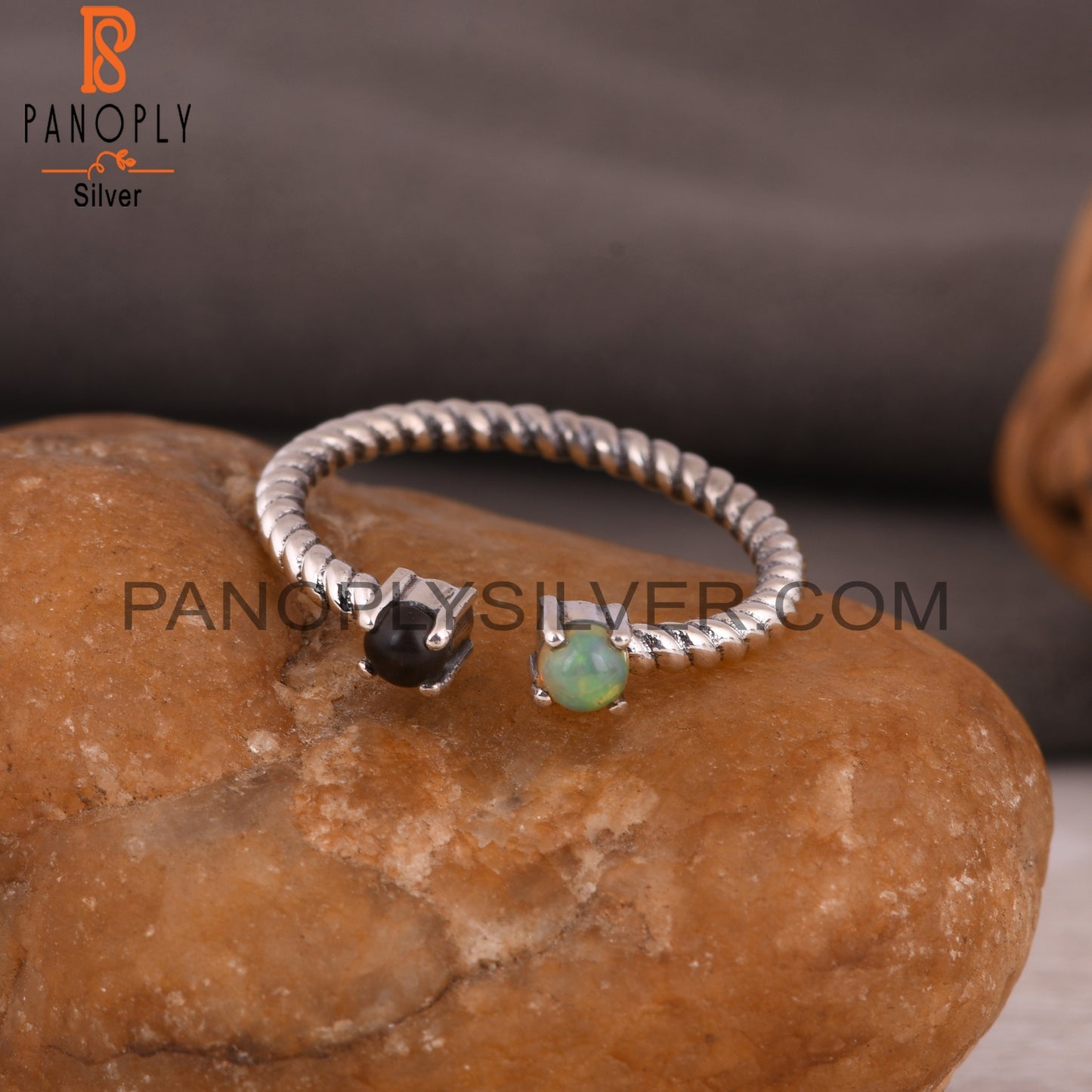 Smoky & Ethiopian Opal Round 925 Silver Twisted Band Ring