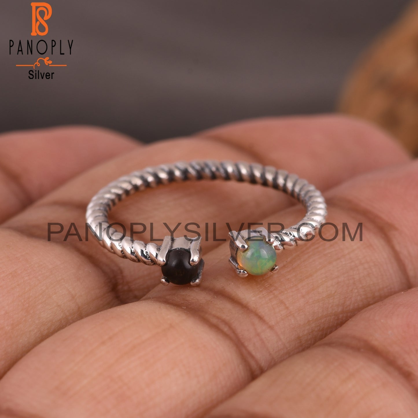 Smoky & Ethiopian Opal Round 925 Silver Twisted Band Ring