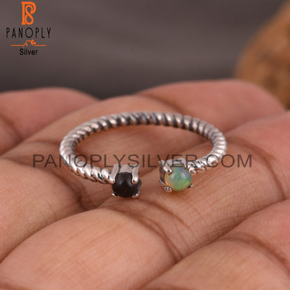 Smoky & Ethiopian Opal Round 925 Silver Twisted Band Ring