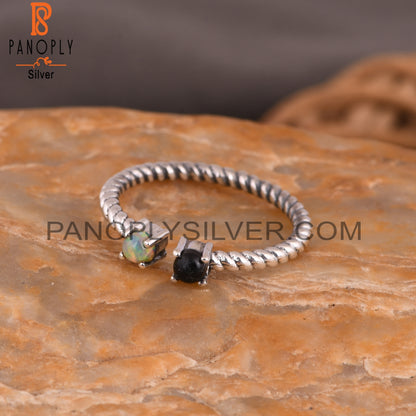 Black Onyx & Ethiopian Opal 925 Silver Twisted Band Ring
