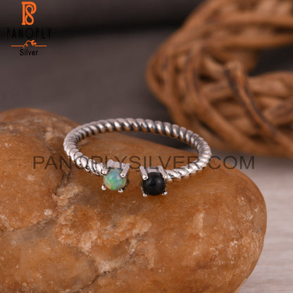 Black Onyx & Ethiopian Opal 925 Silver Twisted Band Ring