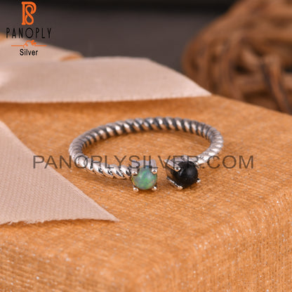 Black Onyx & Ethiopian Opal 925 Silver Twisted Band Ring