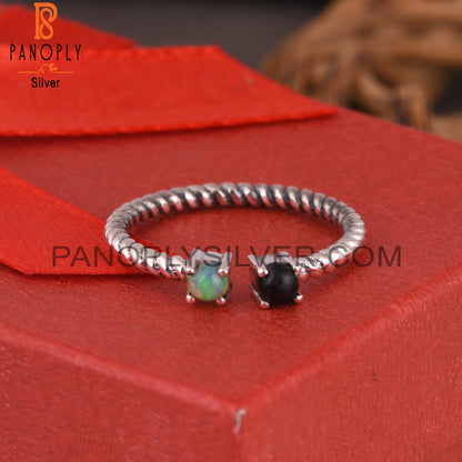 Black Onyx & Ethiopian Opal 925 Silver Twisted Band Ring