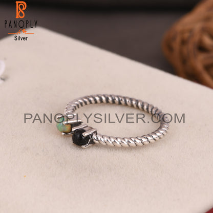 Black Onyx & Ethiopian Opal 925 Silver Twisted Band Ring