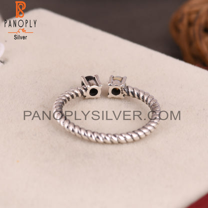 Black Onyx & Ethiopian Opal 925 Silver Twisted Band Ring