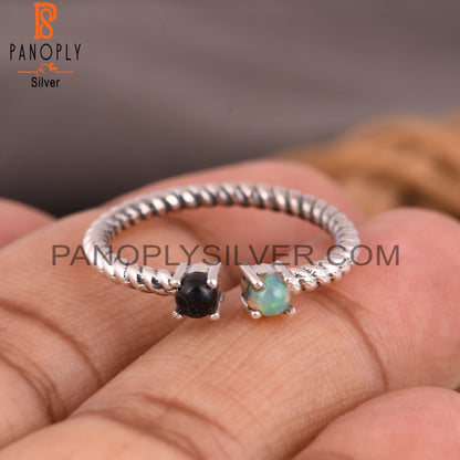 Black Onyx & Ethiopian Opal 925 Silver Twisted Band Ring