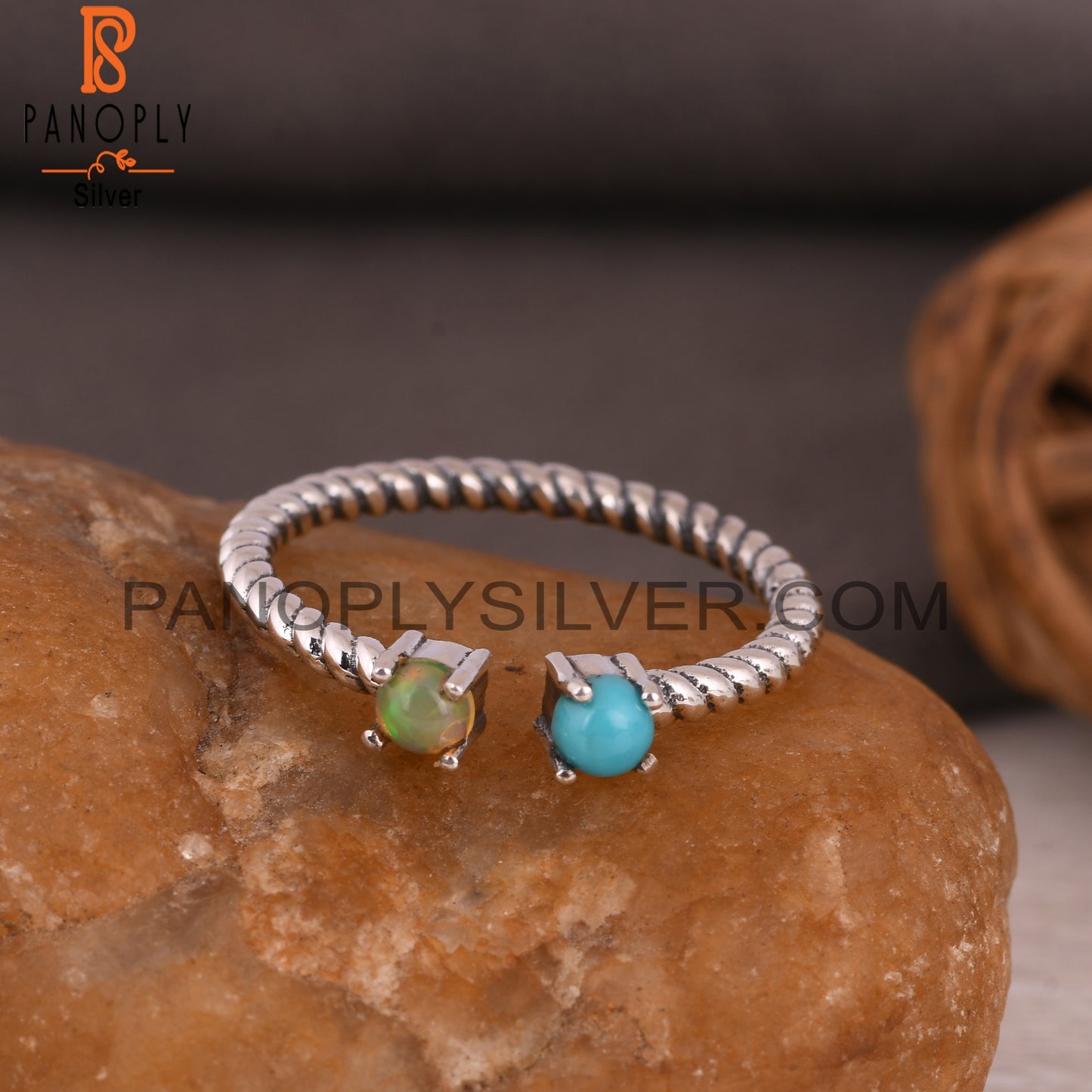 Arizona Turquoise & Ethiopian Opal 925 Silver Twisted Ring