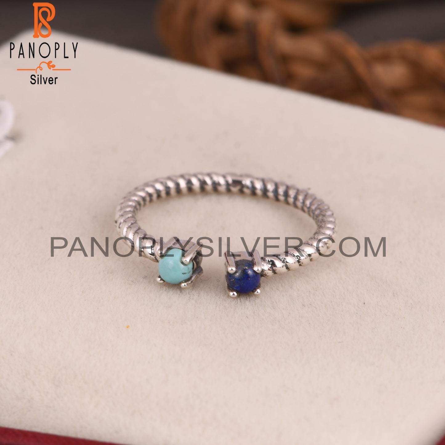 Arizona Turquoise & Lapis 925 Silver Twisted Band Ring