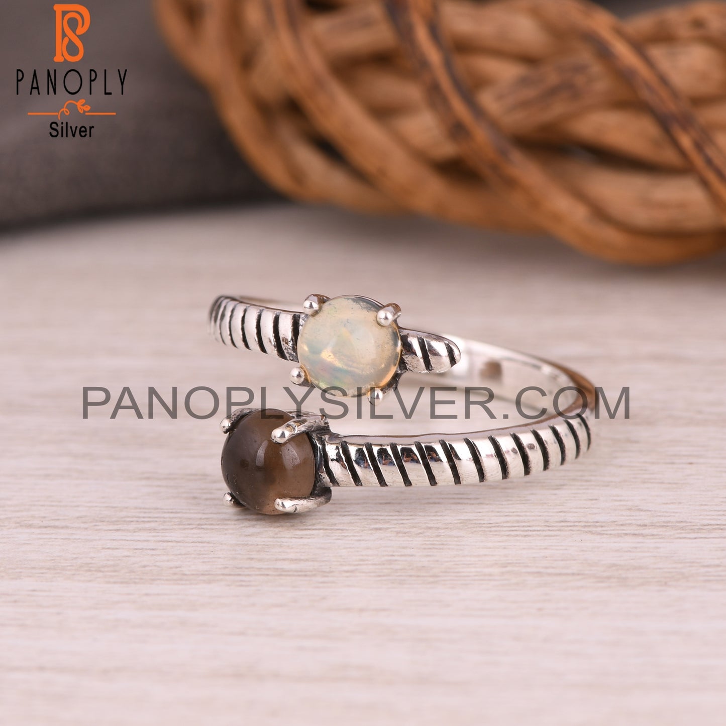 Ethiopian Opal & Smoky Round 925 Sterling Sliver Ring