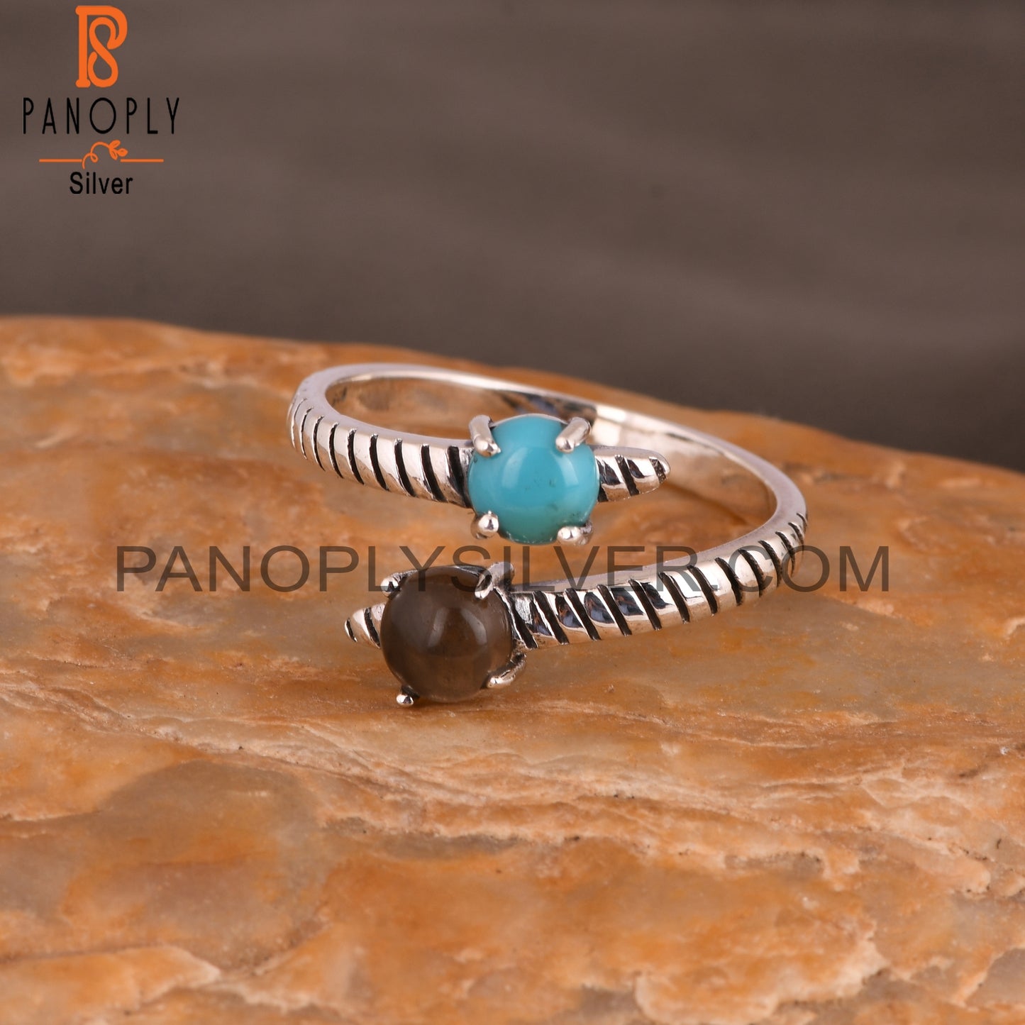 Arizona Turquoise & Smoky Round 925 Sterling Silver Open Ring