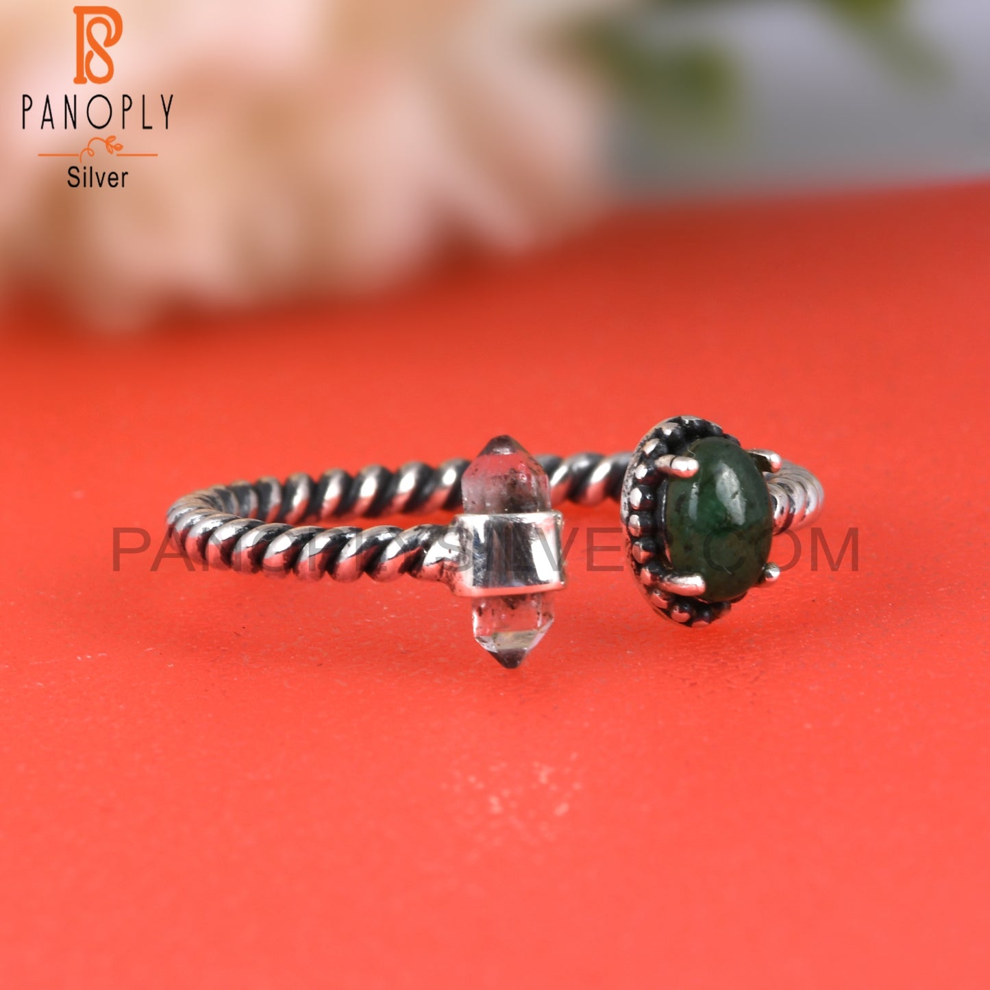 Emerald & Herkimer Diamond 925 Sterling Silver Ring
