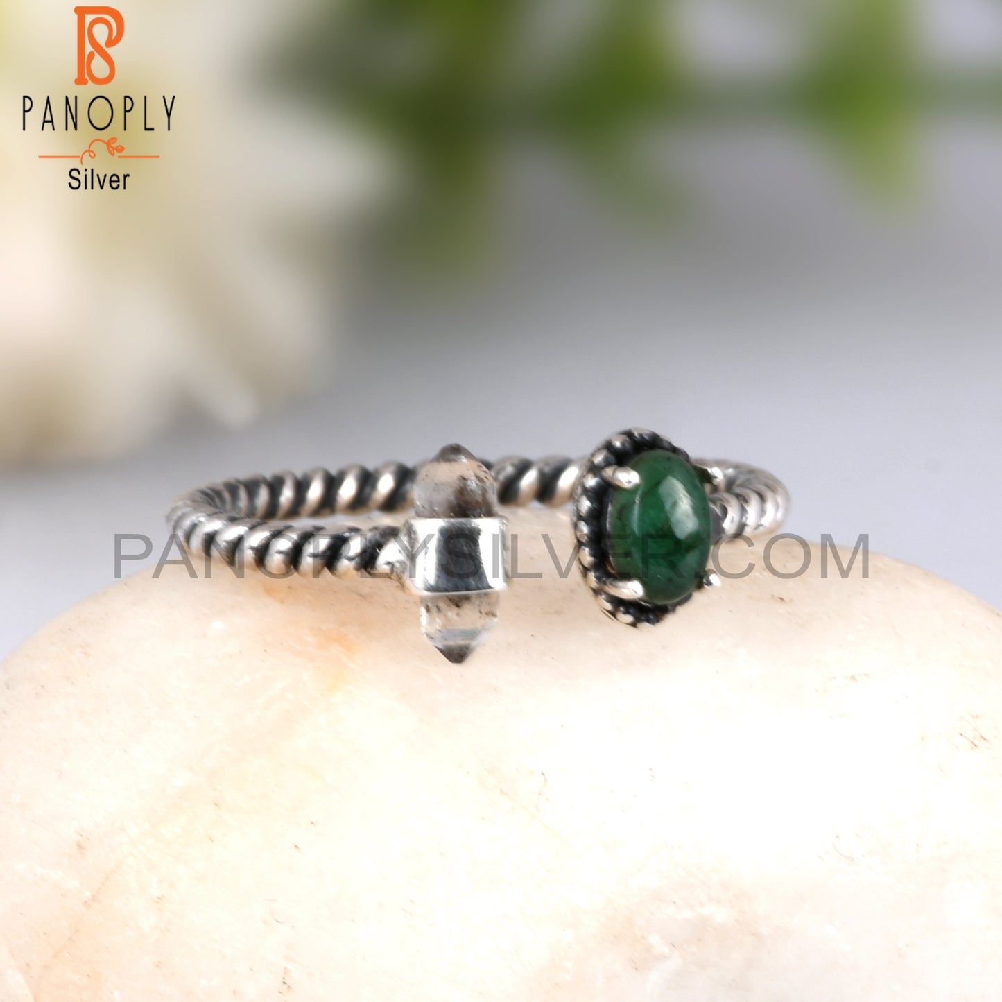 Emerald & Herkimer Diamond 925 Sterling Silver Ring